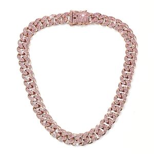Rose Gold Pink Rhinestone Choker Iced Links Necklace Sparkly CZ Bling Cuban Link